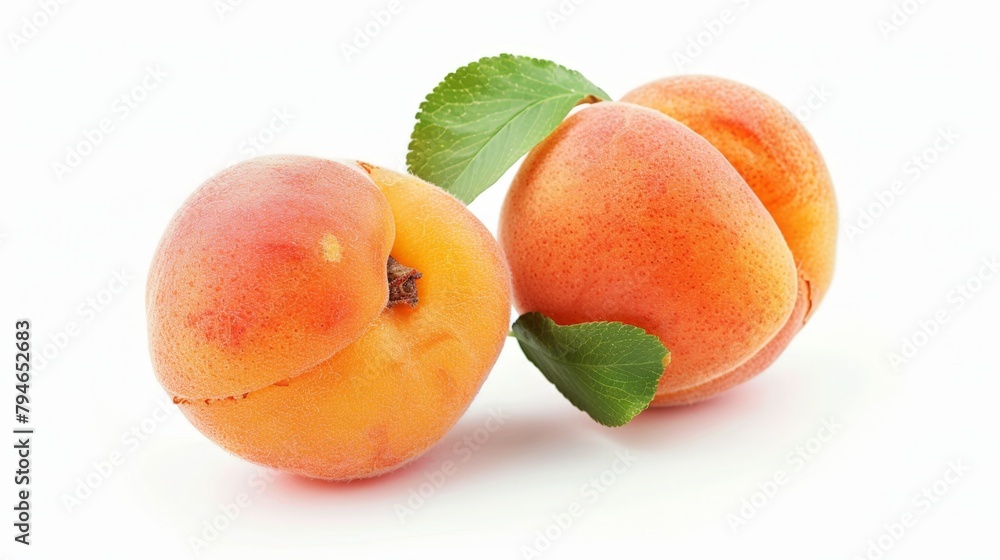 Wall mural Two fresh peaches with leaves on a plain white backdrop