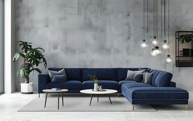 Modern blue sofa with armrests and an L-shaped seat, a concrete wall behind it