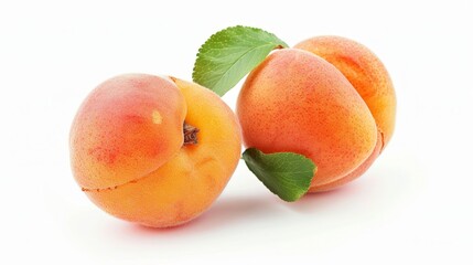 Two fresh peaches with leaves on a plain white backdrop