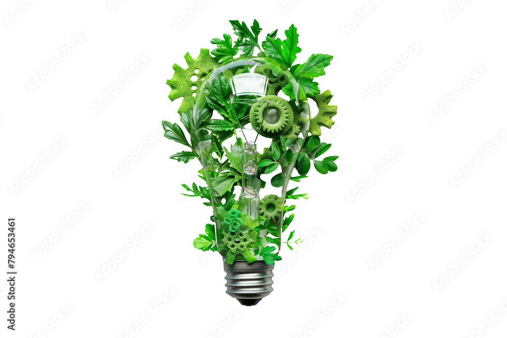 Wall mural light bulb with green leaves and gears mechanism isolated on transparent background