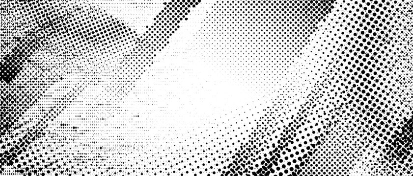 Halftone grunge texture. Distorted rough dirty scratch and splash background. Dotted glitch punk wallpaper for banner, poster, flyer, print, overlay. Distress scuffed vector textured backdrop