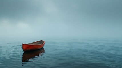 Red boat floating on a calm misty lake - A serene image capturing a solitary red boat on a vast misty lake, invoking feelings of peace and stillness