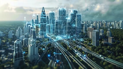 Obraz premium Smart city skyscraper view, technology icons, internet of things, with smart services networks background concept. Neon light speed access 5G internet symbol.