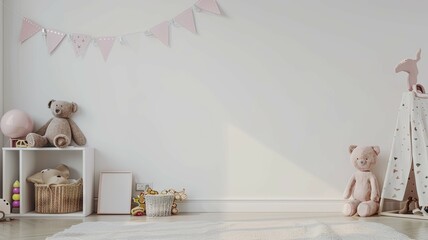 Cozy child's room with teddy bears and toys - A warmly lit corner of a child's room with cuddly teddy bears, toys, and soft pink decorations for a nurturing environment