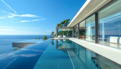Contemporary luxury villa with expansive glass facades and an infinity pool, facing the ocean on a bright summer day.