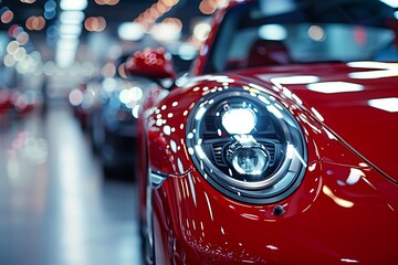 Closeup of the headlight and front end of a red car in an automotive factory, with a blurred background showing other vehicles on display for advertising