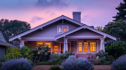 Dawn perspective of a muted mauve craftsman cottage with a scalloped-edge roof, the gentle morning light painting the landscape in soft hues, awakening the home with a whisper of daybreak. - obrazy, fototapety, plakaty