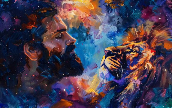 painting of Jesus with a lion, with a beautiful colorful background