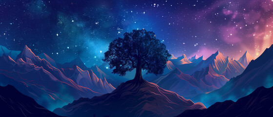 night sky in mountains with a big tree in the middle - obrazy, fototapety, plakaty