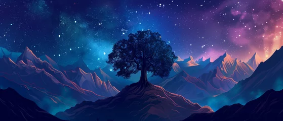 Foto op Canvas night sky in mountains with a big tree in the middle © AhmadSoleh