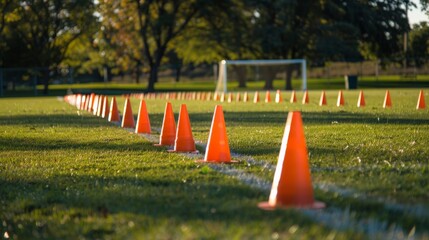 Training cones set up for soccer drills on the field