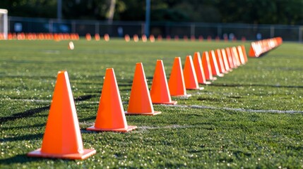 Training cones set up for soccer drills on the field