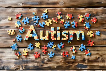A puzzle with the word Autism written on it. The puzzle pieces are scattered all over the image