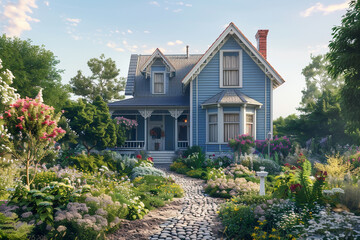 Full front view of a classic house in dusty blue, with a quaint front garden and a cobblestone pathway. - obrazy, fototapety, plakaty