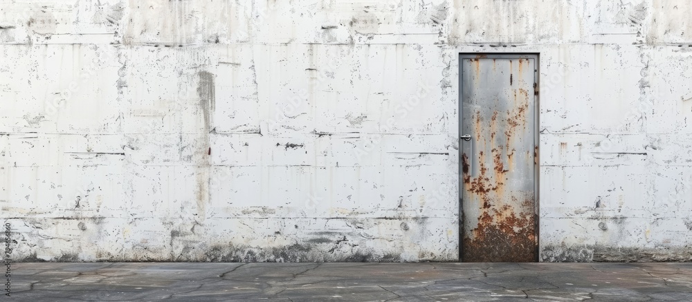 Poster A door made of wood is attached to a white brick wall