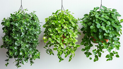 Three house plants suspended in their pots, strategically spaced to allow for optimal growth and visual appea