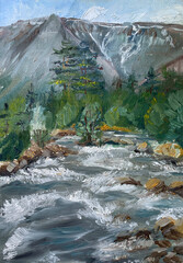 mountain river on a sunny day, oil painting on canvas