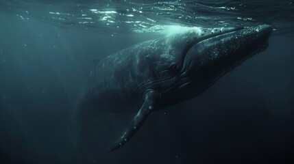 A humpback whale gracefully swims in the vast ocean, its body gliding through the water as it moves effortlessly.