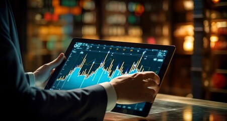 A focused businessman, surrounded by data, checks markets, stock exchange, and cryptocurrency on his tablet, a snapshot of nocturnal financial endeavors. Generative AI.