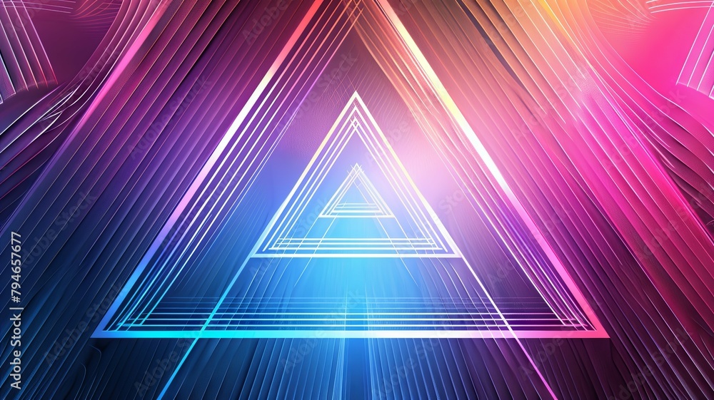 Poster futuristic neon triangle tunnel design - vibrant neon colors creating a 3d effect in a triangle-shap