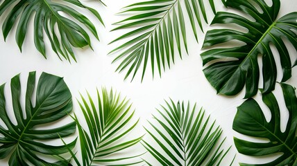 Tropical green leaves on white background - Vibrant green tropical leaves spread on a white backdrop, representing freshness and natural beauty