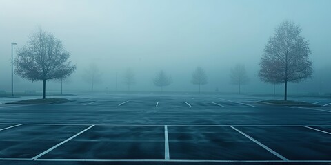 An empty parking lot on a cold, wet, foggy evening. An atmosphere of peace, mystery and mysticism. Generative AI