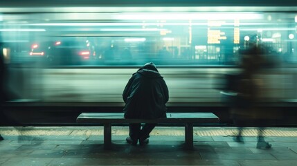 A homeless person sits on a bench at a train station back hunched and head down. They seem to be lost in own world oblivious . . - Powered by Adobe