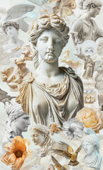 3D  of classical sculptures - Three-dimensional  of classical busts and sculptures seamlessly blended with botanical elements, showcasing digital artistry