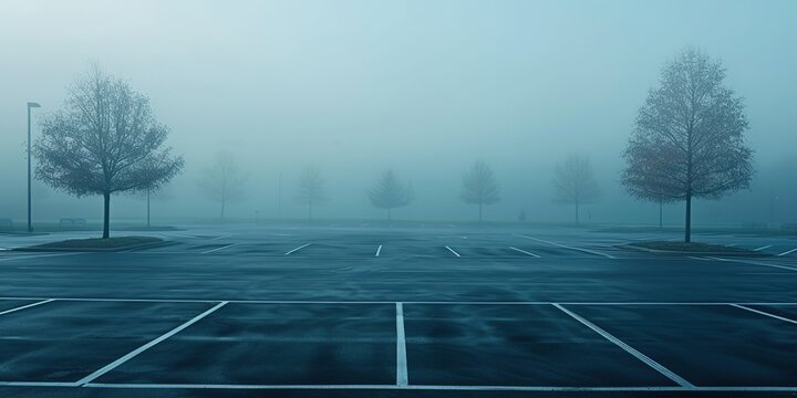 An empty parking lot on a cold, wet, foggy evening. An atmosphere of peace, mystery and mysticism. Generative AI
