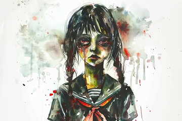 Watercolor painting of a haunted schoolgirl with hollow eyes and tear-streaked, pale skin stares blankly, blood splattered across her uniform. The watercolor's chaotic strokes and dripping reds evoke 