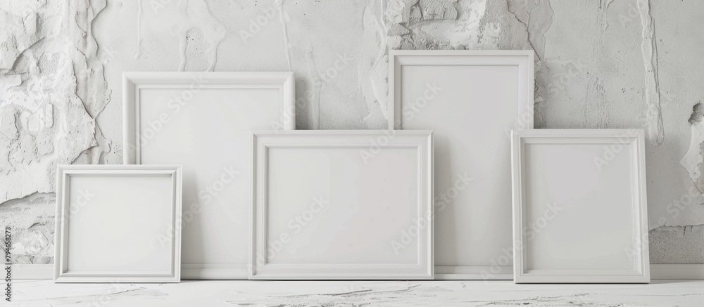 Aufkleber multiple white frames of different sizes arranged on a smooth marble surface, set against a neutral-