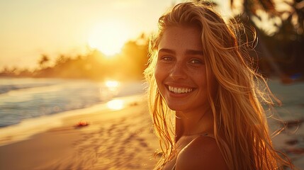 Sunset Serenity A Blonde Girl Blissful Vacation on the Tropical Beach