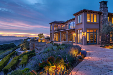 Luxury abode atop a hill with a front yard terrace under the captivating twilight.