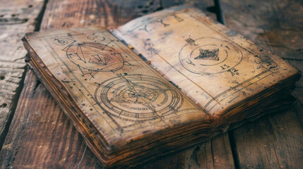 An old worn leather journal sits open on a weathered wooden table adorned with sketches of tarot spreads and cryptic symbols. .
