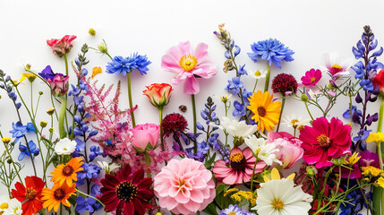 Against a clean white backdrop, a colorful assortment of summer flowers is displayed in a bouquet, their delicate petals and vibrant hues captured in exquisite detail, creating a stunning visual compo