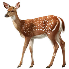 A deer with white spots and a rich brown fur pattern is standing in a forest in Africa isolated against a transparent background