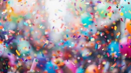 Defocused background of a colorful parade with confetti and streamers thrown in the air as the crowd cheers in pure excitement. .