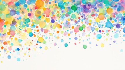 A vibrant and whimsical watercolor confetti backdrop showcasing a rainbow of colors Lively watercolor dots splattered across a pristine white canvas accented by undulating stripes peppered w