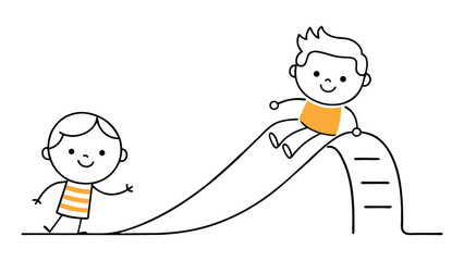  Smiling preschool boy sliding down slide and happy friend seeing him on side of slide. Kids playing together on playground. One continuous single line hand drawing