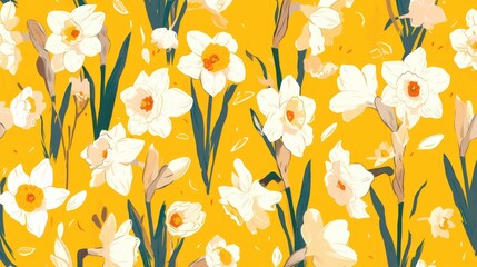 Delicate white narcissus flowers form a pattern against a vibrant yellow backdrop in this charming hand drawn 2d illustration
