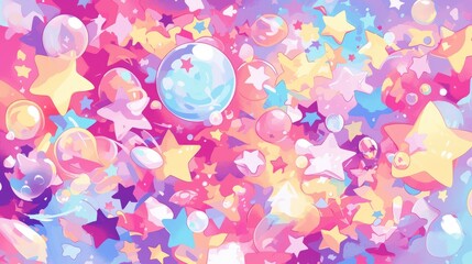 Obraz premium The background features cartoon pastel shooting stars and glowing bubbles