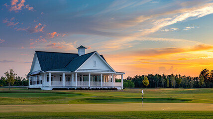 New clubhouse with a pristine white porch and gable roof captured under a breathtaking sunset in ultra HD.