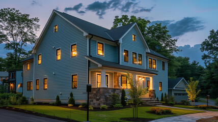Panoramic angle capturing the evening glow of a slate blue house with siding, its lights twinkling warmly in the cool shade of a suburban setting.