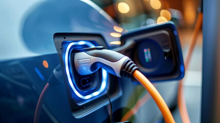 Close-up of an electric vehicle's charging port with a connected power cable in a modern setting.
