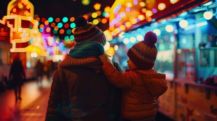 A mother holding young childs hand walks towards a row of brightly lit food trucks. They both wear matching beanies and seem to . .