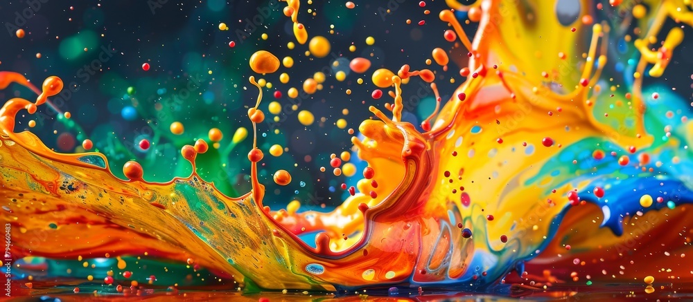 Poster vibrant close-up image showing a dynamic and colorful liquid splash with a multitude of bubbles floa