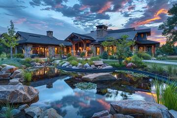 Calm luxury abode pond-fronted capturing evening reflections. - obrazy, fototapety, plakaty