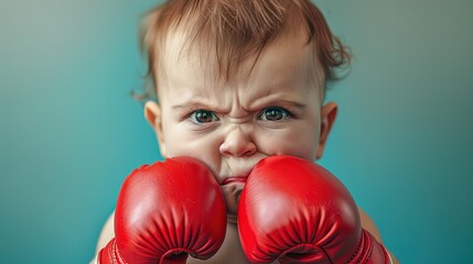 Tiny Fighter Toddler in Boxing Gloves with an Angry Look