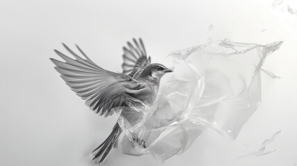 Bird in flight entangled with a translucent plastic bag, conveying a poignant environmental message.