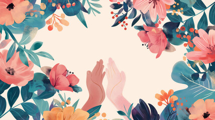 Illustration of hands surrounded by a vibrant floral arrangement on a pastel background.